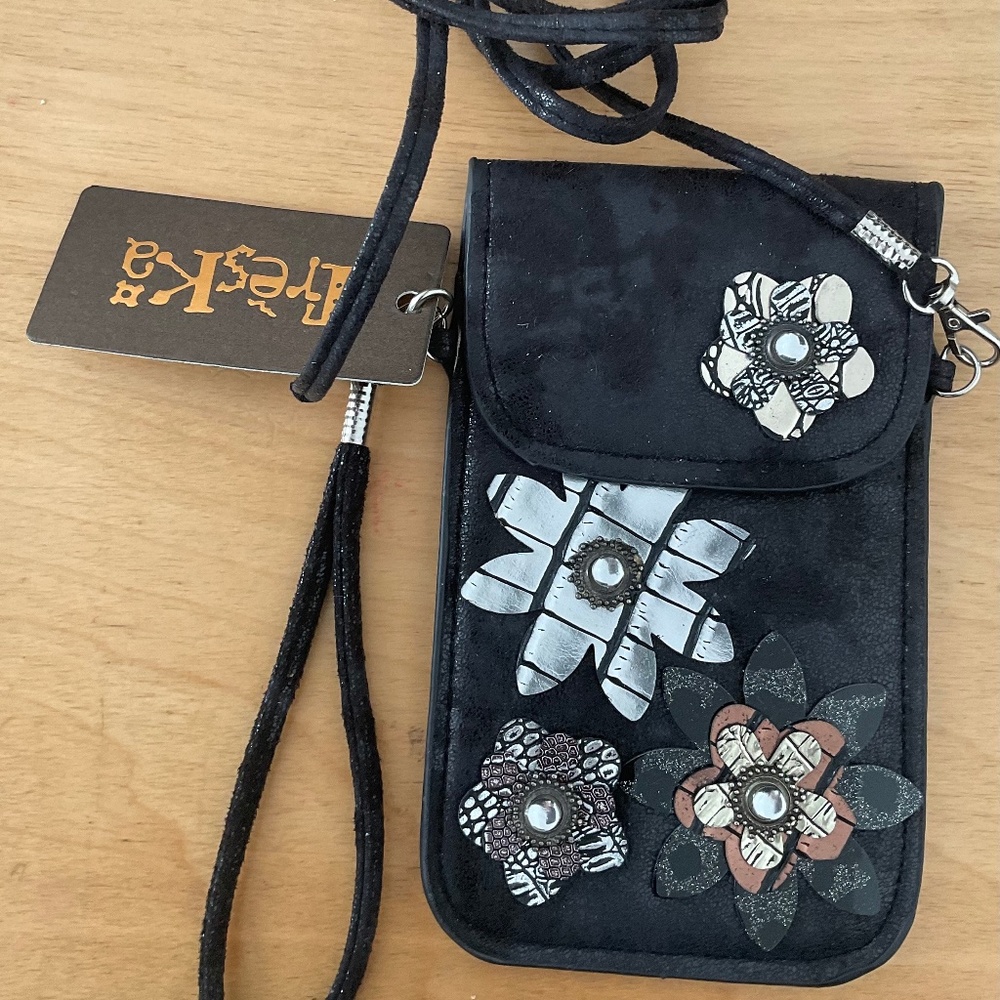 Treska black suede wristlet, crossbody, phone etc bag